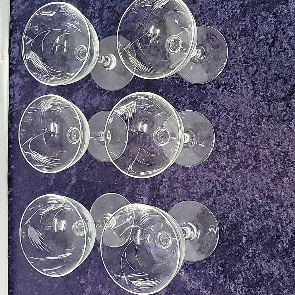Crystal, Clear Sasaki Stemmed Glasses 3¾" High, Set of Six, Wheat Etched